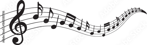 A flowing musical staff with treble clef and various notes representing a melody