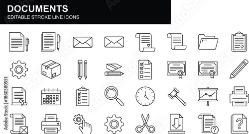 Documents editable stroke line icons set featuring files, folders, paperwork, office management, printing, planning and workflow symbols for designWeb