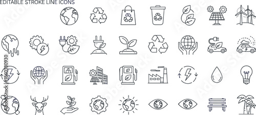 Editable stroke line icons set for sustainability, renewable energy, recycling, ecology and environmental protection symbols for web and app designWeb
