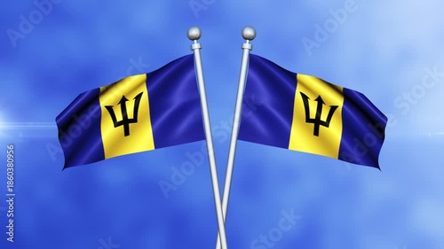 Barbados Crossed Flags Waving in Blue Sky Loop Animation | Realistic 3D National Flag Background