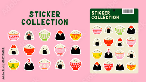 Printable Japanese sticker sheet with cartoon food and culture icons. Kawaii doodles design ready for printing and cutting.