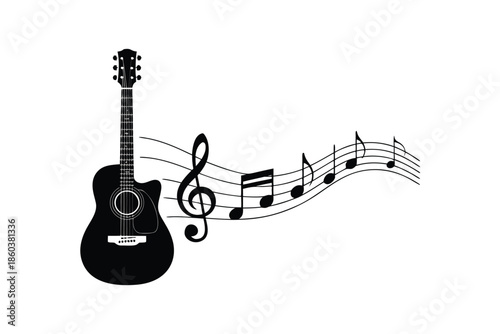 A black silhouette of an acoustic guitar accompanied by musical notes and a treble clef