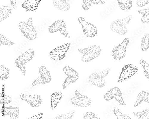 Chicken Wings Seamless Pattern Line Art. Hand Drawn Fried Chicken Illustration. Food Background for Packaging Wrapping Paper Textile Wallpaper. Minimal Sketch Style
