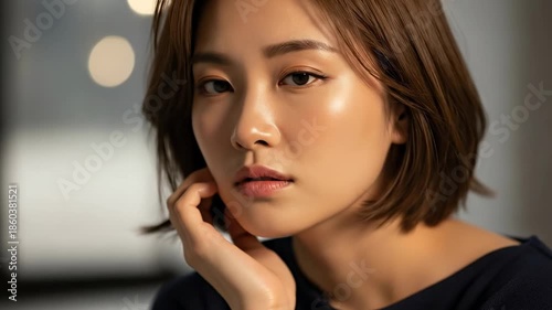 A beautiful young woman with short brown hair looking relaxed in a modern setting video