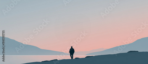 Alone person standing on a tranquil landscape under soft pastel sky banner.