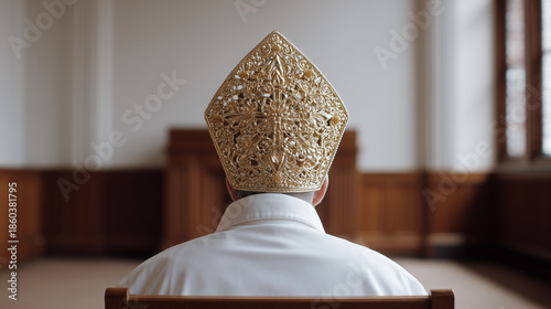 Back view of a man in elaborate golden papal mitre as symbol of high religious authority.