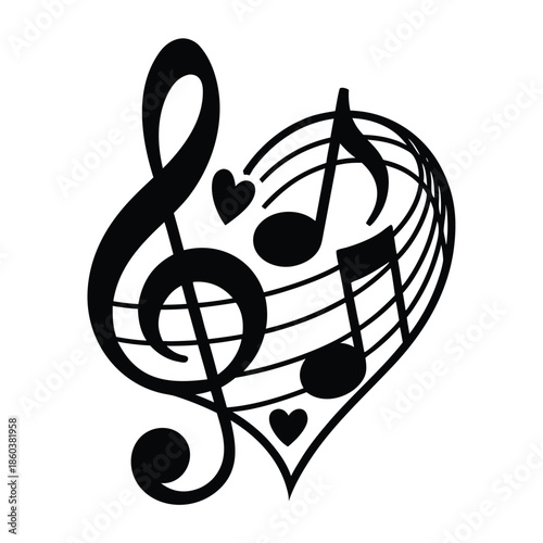 A beautiful black and white illustration depicting a heart shaped from musical notes and symbols