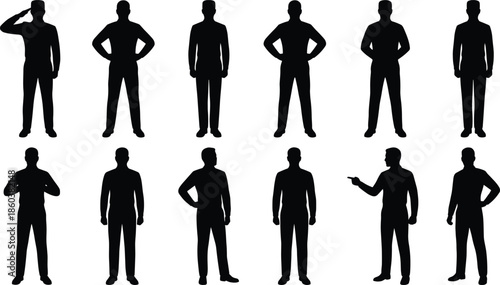 Male standing silhouettes collection showing diverse poses and gestures representing everyday people, body language, and human figure icons isolated on white backgroundWeb