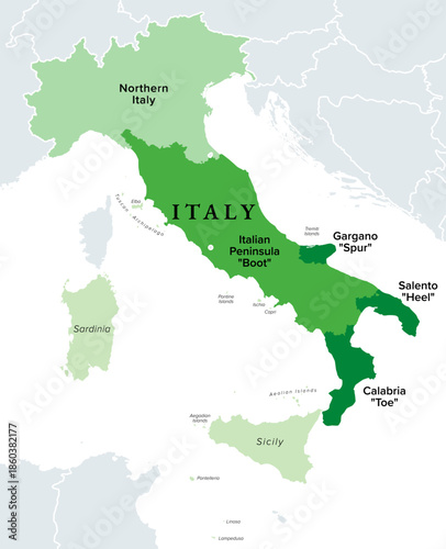 Italian Boot, the Italian Peninsula, political map. Mainland Italy, resembling the shape of a high-heeled boot, with smaller peninsulas Calabria as toe, Salento as heel, and Gargano as spur. Vector