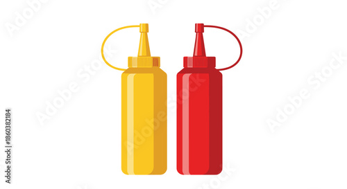 A classic pair of red ketchup and yellow mustard squeeze bottles, common condiments for fast food, in a flat vector style.