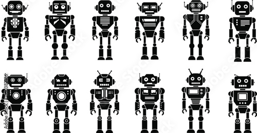 Set of cute retro futuristic robot and android characters silhouettes, various vintage mechanic technology figures icons vector illustration collection