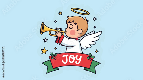 Cartoon Angel Playing Trumpet with Joy Banner.