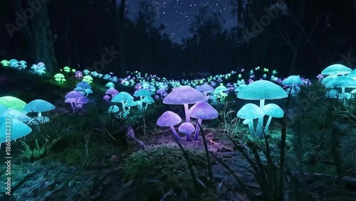 A magical night forest illuminated by a vibrant carpet of glowing mushrooms