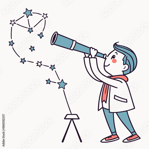 Young boy observing stars with telescope