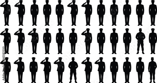 Military officer silhouettes set showing saluting and standing poses representing discipline, command, and formal army personnel isolated on white backgroundWeb