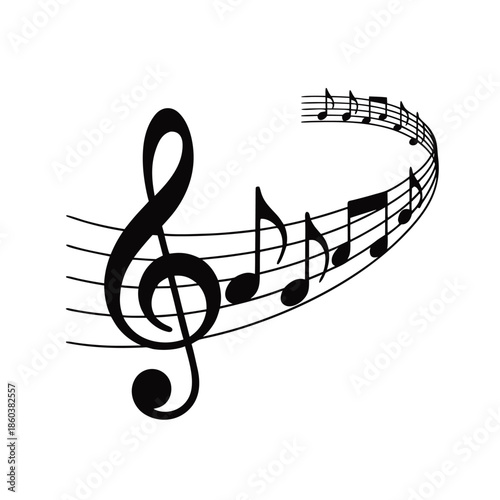A flowing black and white illustration depicts musical notes and a treble clef symbol gracefully intertwined