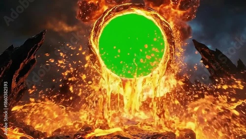 Mystical fiery portal with a glowing green screen at its heart in a volcanic landscape