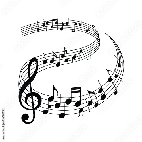A swirling ribbon of musical notes and a treble clef define the beauty of sound