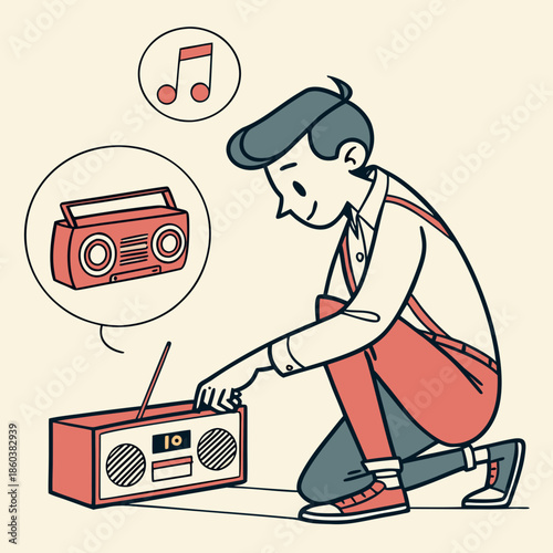 Young boy tunes an old radio with music notes