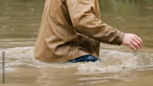 Person in a brown jacket wading through murky floodwater during a natural disaster or emergency