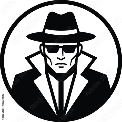 Mysterious detective agent silhouette icon with fedora and trench coat symbolizing espionage, investigation, and classic noir secret identity designWeb