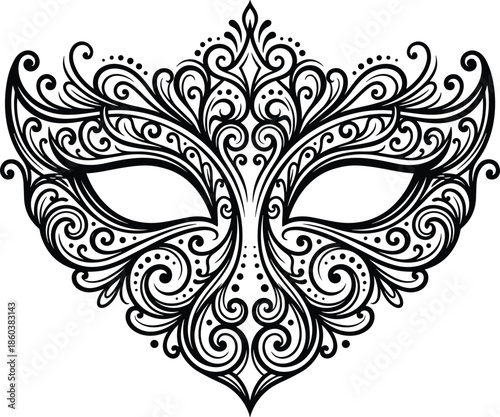 Ornate masquerade mask illustration with intricate baroque details symbolizing mystery, elegance, carnival tradition, and decorative luxury design isolated on white backgroundWeb