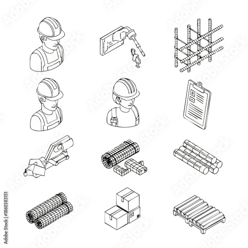 Construction Industry Icon Set with Workers, Materials and Tools - Professional Building and Engineering Design Elements Collection.