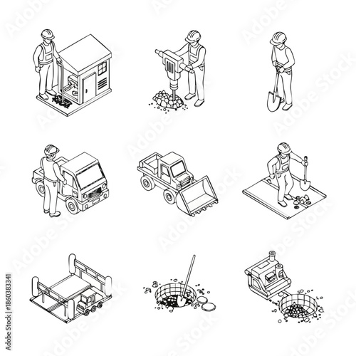 Construction Site Isometric Vector Icons: Heavy Machinery and Workers Building and Excavating.