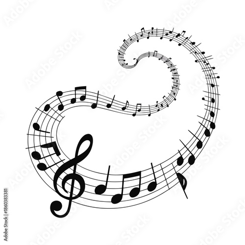 A swirling design of musical notes and a treble clef creates an elegant artistic representation