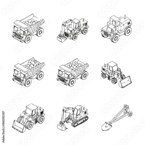 Construction Vehicle Icon Set: Dump Trucks, Excavators, Loaders, and Shovel in Isometric Line Art.