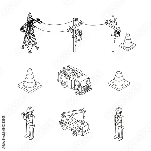 Electrician and Construction Worker Team with Equipment, Power Lines, Trucks, and Safety Cones, Isometric Line Art.