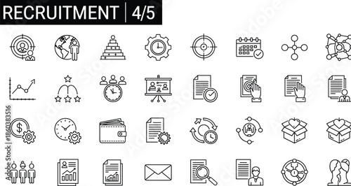 Recruitment editable stroke line icons set featuring hiring process, HR analytics, candidate selection, interviews and workforce management symbols for designWeb