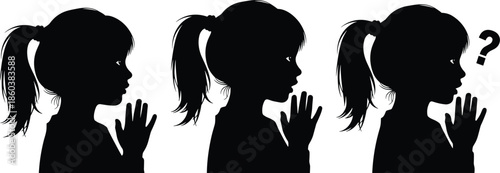 Silhouettes of girl speaking and questioning, black figures, communication gesture, white background, learning and curiosity illustration