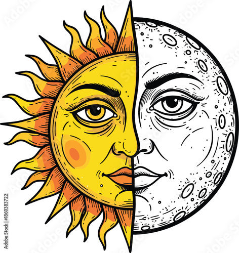 Celestial sun and moon vector illustration with human faces in a split woodcut engraving style on white background.
