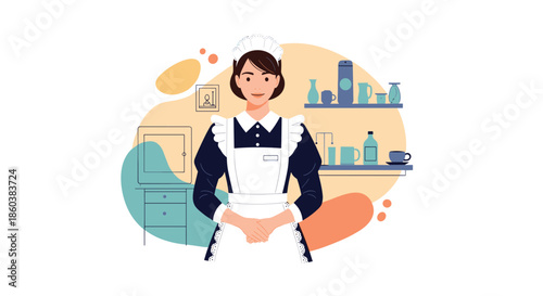 A friendly and professional female maid in a classic black and white uniform and apron, standing in a clean room setting.