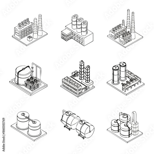 Industrial Isometric Icons: Set of Refinery and Factory Buildings and Storage Tanks.