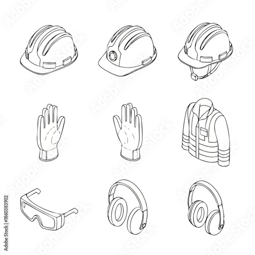 Industrial Safety Equipment Icons: Hard Hats, Gloves, Vest, Goggles, Ear Defenders.