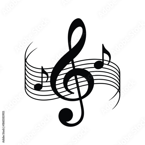 A black and white image depicting a treble clef with musical notes and wavy staff lines