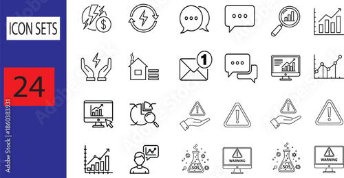 Icon Set of Finance, Analytics, Communication, and Alert Symbols for Digital Design