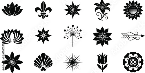 Set of Fifteen Black and White Decorative Flowers, Plants, and Ornaments Vector Illustration; Fleur de Lis, Lotus, Sunflower, Lily, Seashell, Arrow, and Retro Emblems.