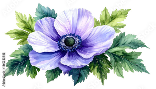 A watercolor-style floral arrangement showcasing a lavender flower and green leaves