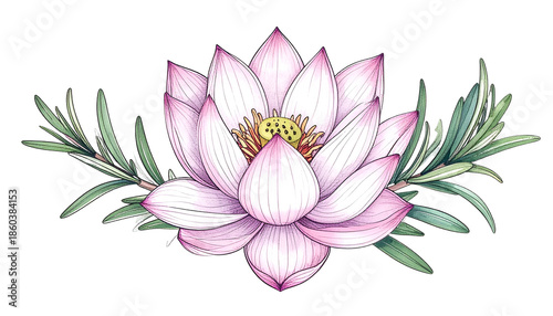 Pink and white lotus flower with green sprigs on black backdrop, detailed illustration