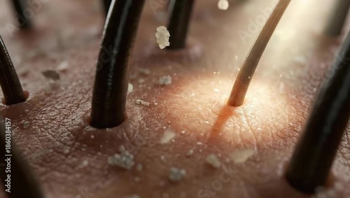 A microscopic view of human scalp with severe dandruff and dry skin flakes