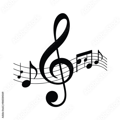 A simple black and white illustration depicting a treble clef and accompanying musical notes on a staff