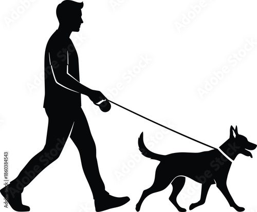 Silhouette of person walking dog on leash, black figures, companionship gesture, white background, pet care and outdoor activity illustration