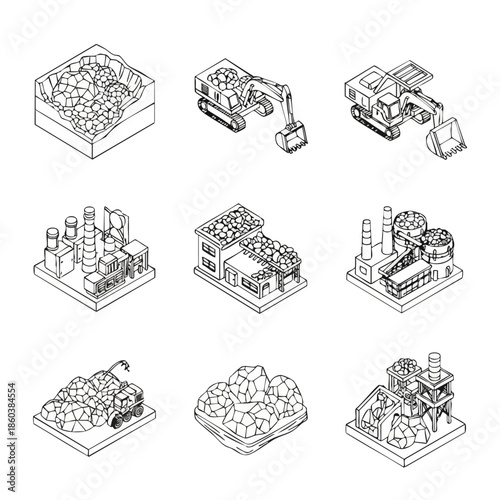 Isometric illustrations of mining industry, excavators, and factories.