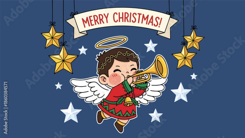 Cartoon Angel Playing Trumpet Christmas Greeting.
