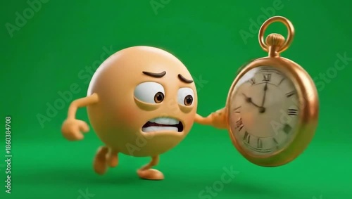 Anxious emoji running from a ticking golden pocket watch symbolizing time management pressure