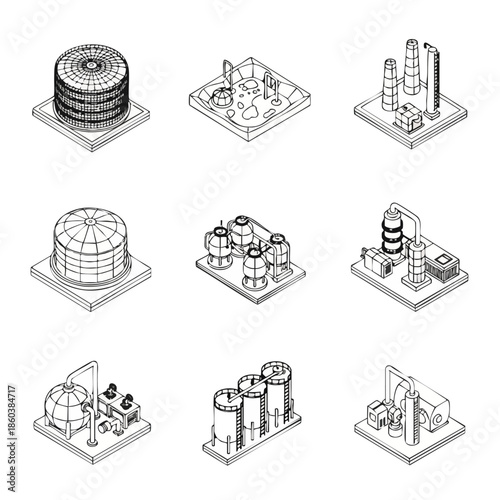 Isometric Industrial Plant Icons: Vector Illustrations of Energy and Chemical Facilities.