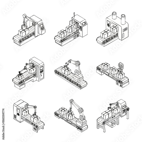 Isometric line art collection illustrating automated industrial conveyor belt systems with robotic arms and machinery for package handling and sorting